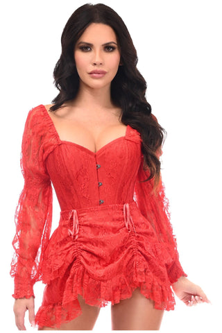 Top Drawer 2 PC Red Lace Steel Boned Corset & Skirt Set