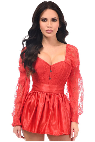 Top Drawer 2 PC Red Lace Steel Boned Corset & Satin Skirt Set