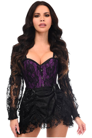 Top Drawer 2 PC Black/Purple Lace Steel Boned Corset & Skirt Set