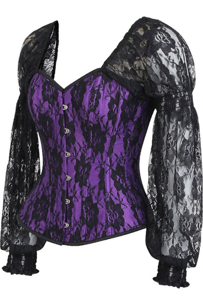 Top Drawer Purple w/Black Lace Steel Boned Long Sleeve Corset