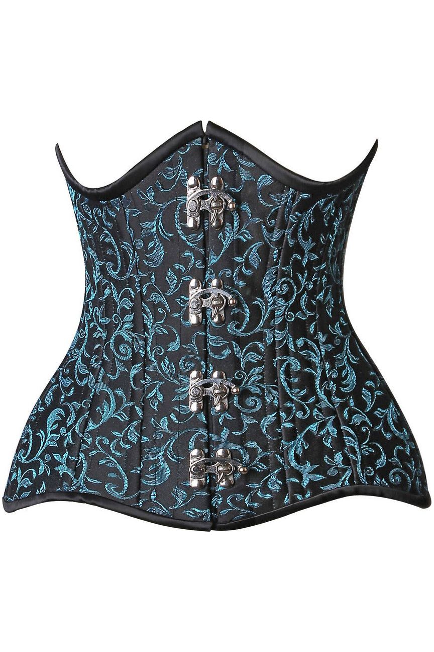 Top Drawer CURVY Teal Brocade Double Steel Boned Under Bust Corset