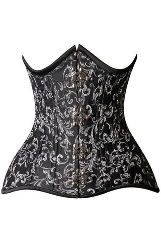 Top Drawer CURVY Black/Silver Brocade Double Steel Boned Under Bust Corset