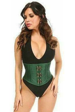 Top Drawer Dark Green Brocade Steel Boned Mini Cincher w/Clasps - Daisy Corsets