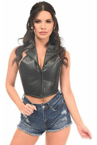 Top Drawer Black Faux Leather Steel Boned Collared Bustier Top - Daisy Corsets