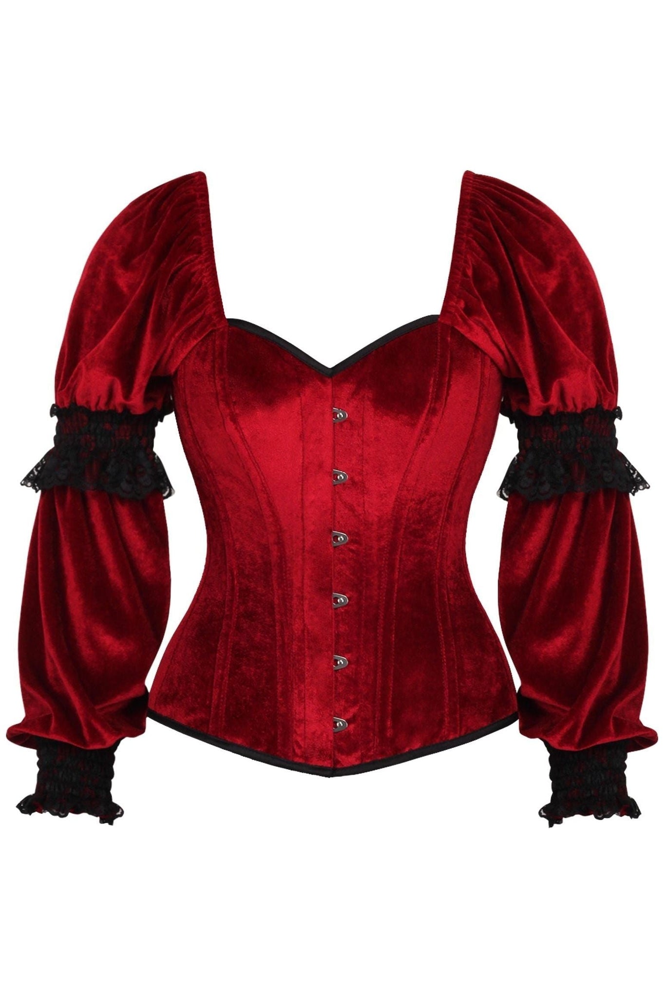 Top Drawer Dark Red Velvet Steel Boned Long Sleeve Corset