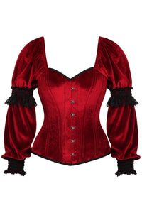 Top Drawer Dark Red Velvet Steel Boned Long Sleeve Corset