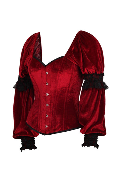 Top Drawer Dark Red Velvet Steel Boned Long Sleeve Corset