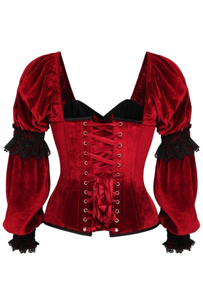 Top Drawer Dark Red Velvet Steel Boned Long Sleeve Corset