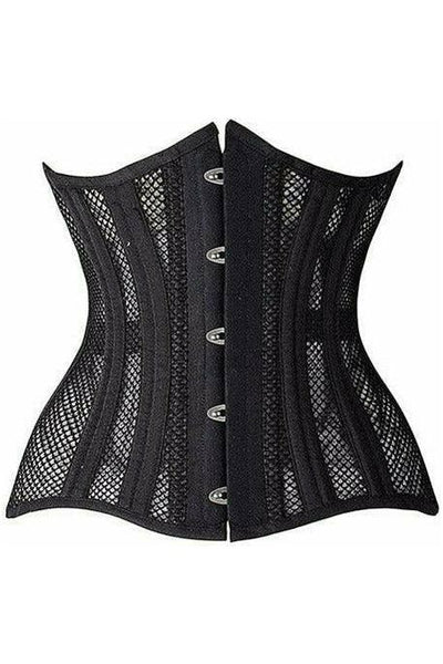 Top Drawer Black Fishnet Double Steel Boned Curvy Cut Waist Cincher Corset - Daisy Corsets