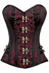 Top Drawer Black/Red Swirl Brocade Steel Boned Overbust Corset w/Buckles - Daisy Corsets