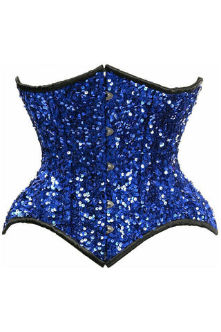 Top Drawer Steel Boned Blue Sequin Curvy Cut Waist Cincher Corset