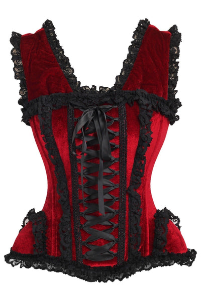 Top Drawer Dark Red Velvet & Lace Steel Boned Corset w/Cap Sleeves