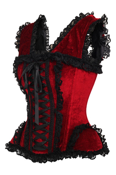 Top Drawer Dark Red Velvet & Lace Steel Boned Corset w/Cap Sleeves