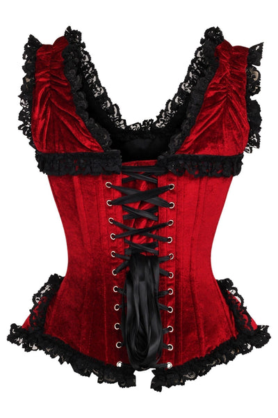 Top Drawer Dark Red Velvet & Lace Steel Boned Corset w/Cap Sleeves