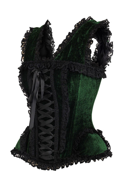 Top Drawer Dark Green Velvet & Lace Steel Boned Corset w/Cap Sleeves