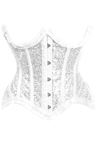 Top Drawer White/Silver Satin & Sequin Underwire Curvy Cut Steel Boned Waist Cincher Corset