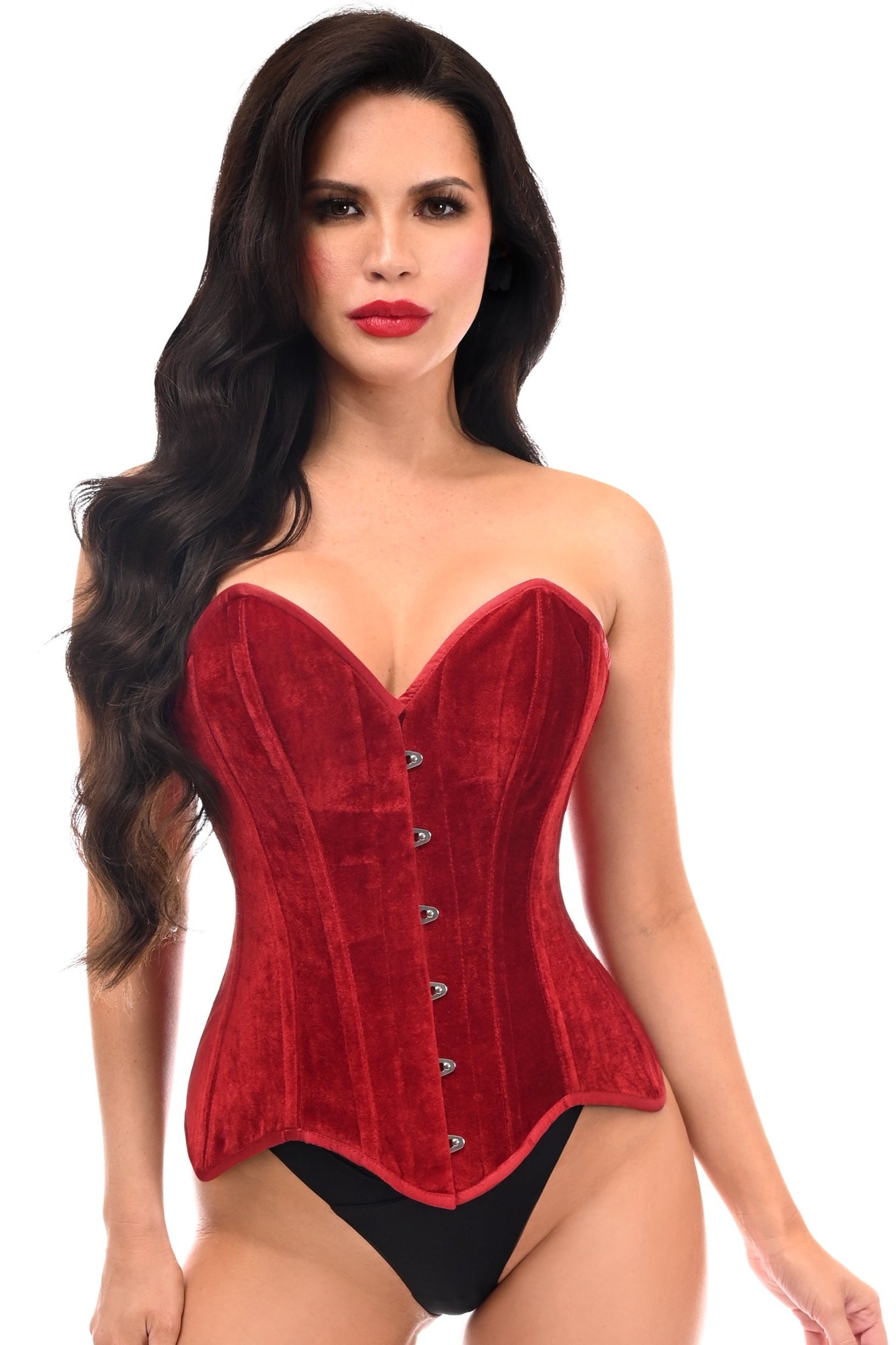 Top Drawer Dark Red Velvet Steel Boned Overbust Corset