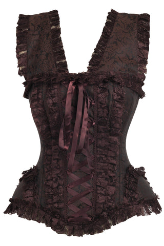 Top Drawer Brown Swirl Brocade & Lace Steel Boned Corset w/Cap Sleeves