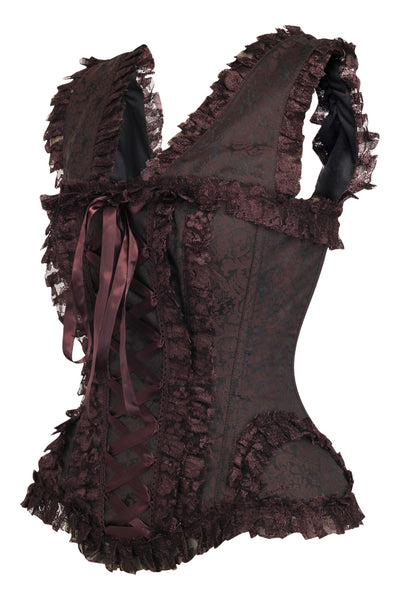 Top Drawer Brown Swirl Brocade & Lace Steel Boned Corset w/Cap Sleeves