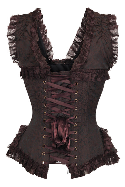 Top Drawer Brown Swirl Brocade & Lace Steel Boned Corset w/Cap Sleeves