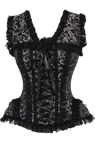 Top Drawer Silver/Black Swirl Brocade & Lace Steel Boned Corset w/Cap Sleeves