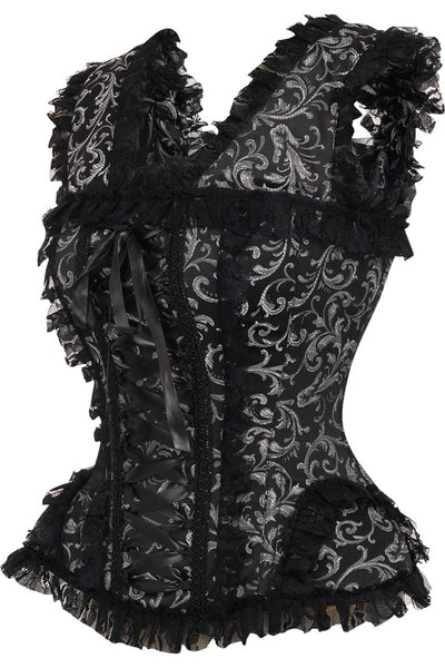 Top Drawer Silver/Black Swirl Brocade & Lace Steel Boned Corset w/Cap Sleeves