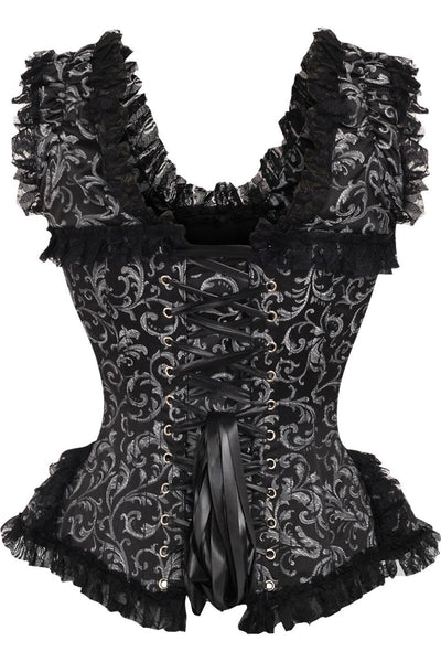 Top Drawer Silver/Black Swirl Brocade & Lace Steel Boned Corset w/Cap Sleeves