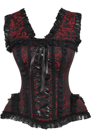 Top Drawer Red/Black Swirl Brocade & Lace Steel Boned Corset w/Cap Sleeves