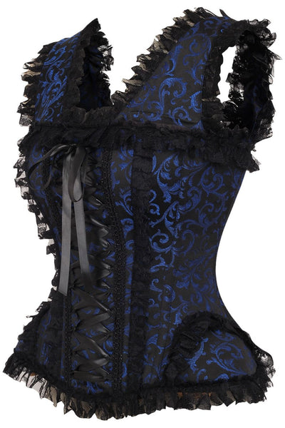 Top Drawer Blue/Black Swirl Brocade & Lace Steel Boned Corset w/Cap Sleeves