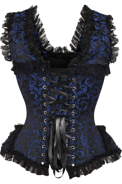 Top Drawer Blue/Black Swirl Brocade & Lace Steel Boned Corset w/Cap Sleeves