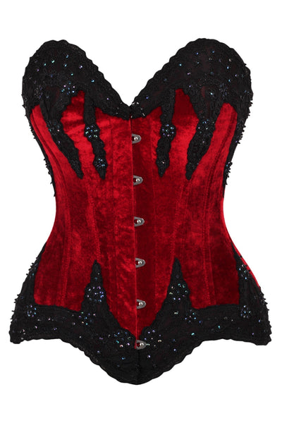 Top Drawer Dark Red Velvet & Beaded Steel Boned Overbust Corset