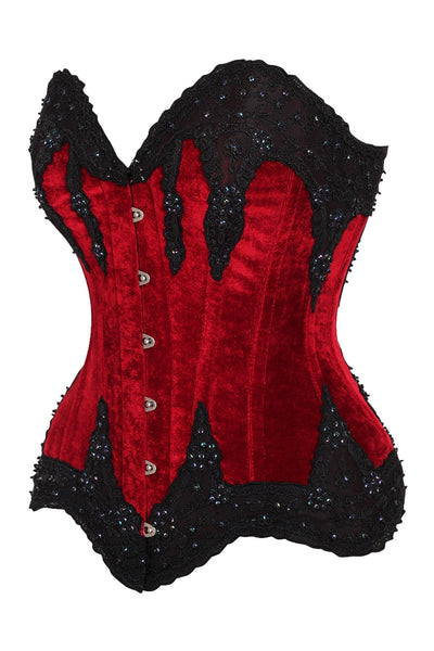 Top Drawer Dark Red Velvet & Beaded Steel Boned Overbust Corset