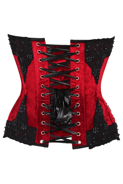 Top Drawer Dark Red Velvet & Beaded Steel Boned Overbust Corset