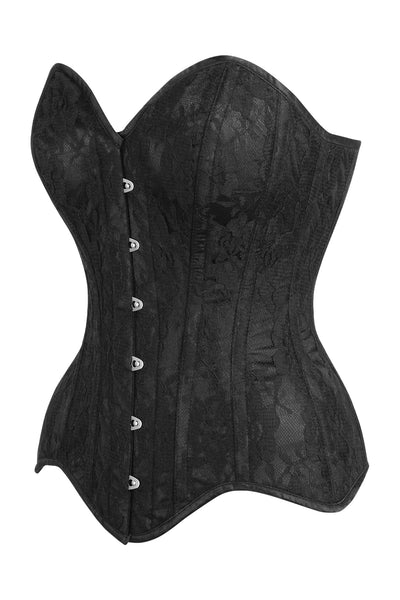 Top Drawer Black Satin w/Black Lace Overlay Steel Boned Overbust Corset