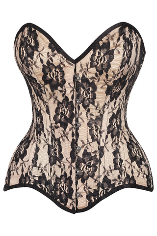 Top Drawer Nude Satin w/Black Lace Overlay Steel Boned Overbust Corset