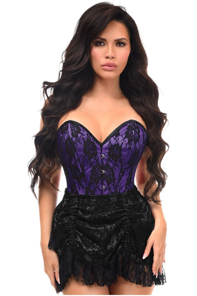 Top Drawer 2 PC Purple/Black Lace Steel Boned Corset & Skirt Set