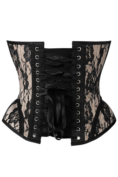 Top Drawer Nude w/Black Lace Steel Boned Underwire Bustier Corset