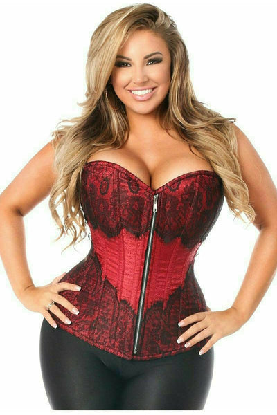 Top Drawer Wine Brocade Steel Boned Corset w/Black Eyelash Lace