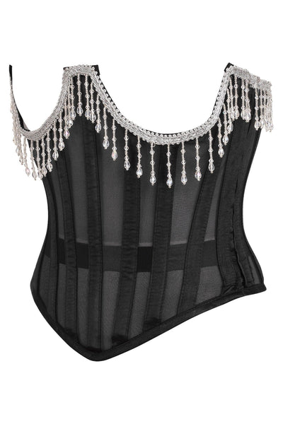 Top Drawer Steel Boned Sheer Underwire Waist Cincher w/Fringe