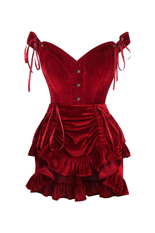 Top Drawer 2 PC Dark Red Velvet Steel Boned Corset & Skirt Set