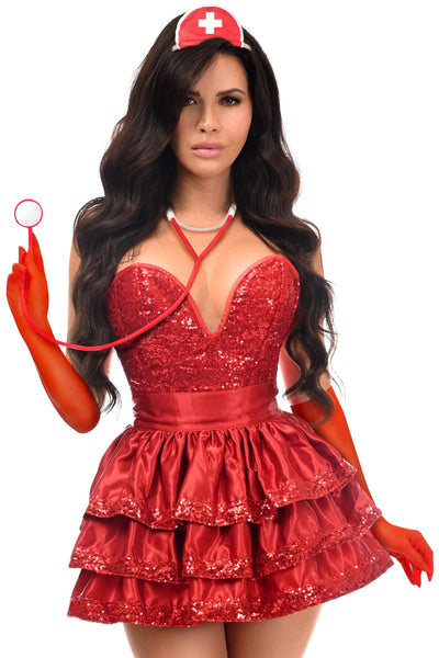 Top Drawer 5 PC Red Sequin Nurse Corset Costume