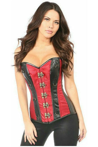 Top Drawer Wine Brocade & Faux Leather Steel Boned Corset