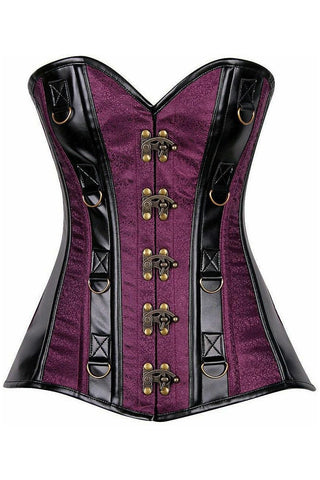 Top Drawer Plum Brocade & Faux Leather Steel Boned Corset - Daisy Corsets