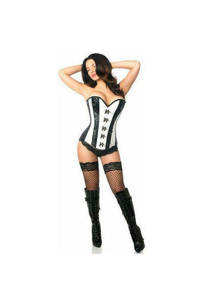 Top Drawer White Brocade & Faux Leather Steel Boned Corset