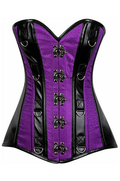 Top Drawer Purple Brocade & Faux Leather Steel Boned Corset