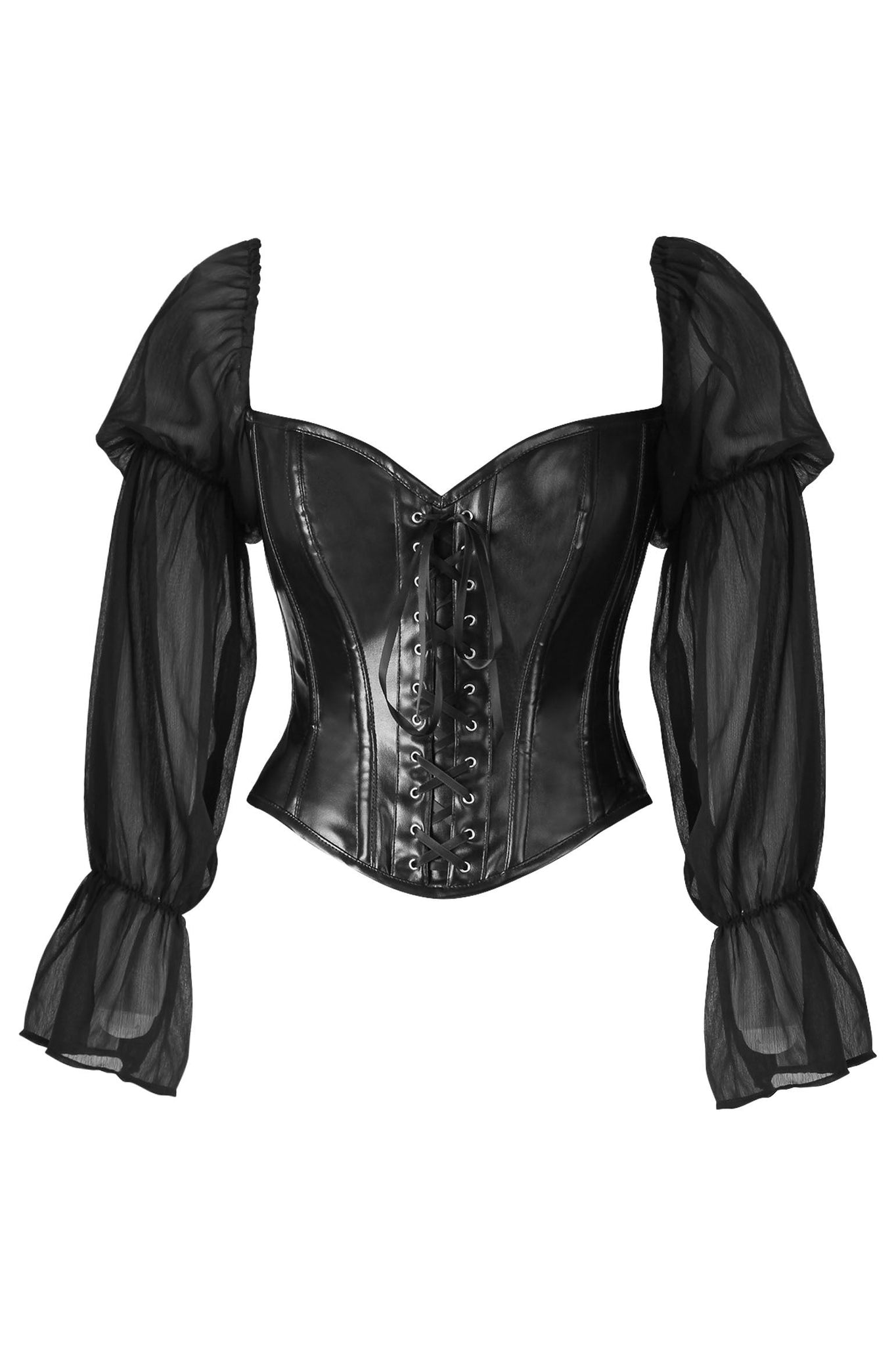 Top Drawer Black Faux Leather Steel Boned Corset w/Sleeves