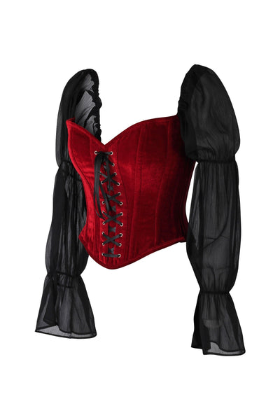 Top Drawer Dark Red Velvet Leather Steel Boned Corset w/Sleeves