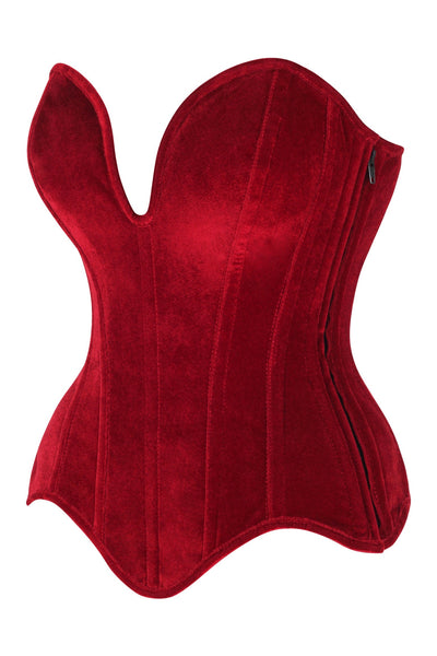 Top Drawer Steel Boned Dark Red Velvet Plunge Neckline Overbust Corset