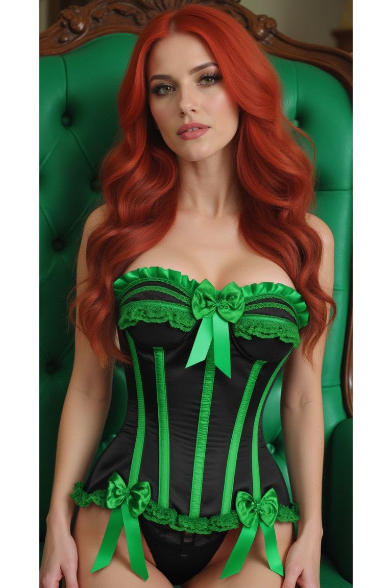 Top Drawer Black/Green Satin Steel Boned Burlesque Corset