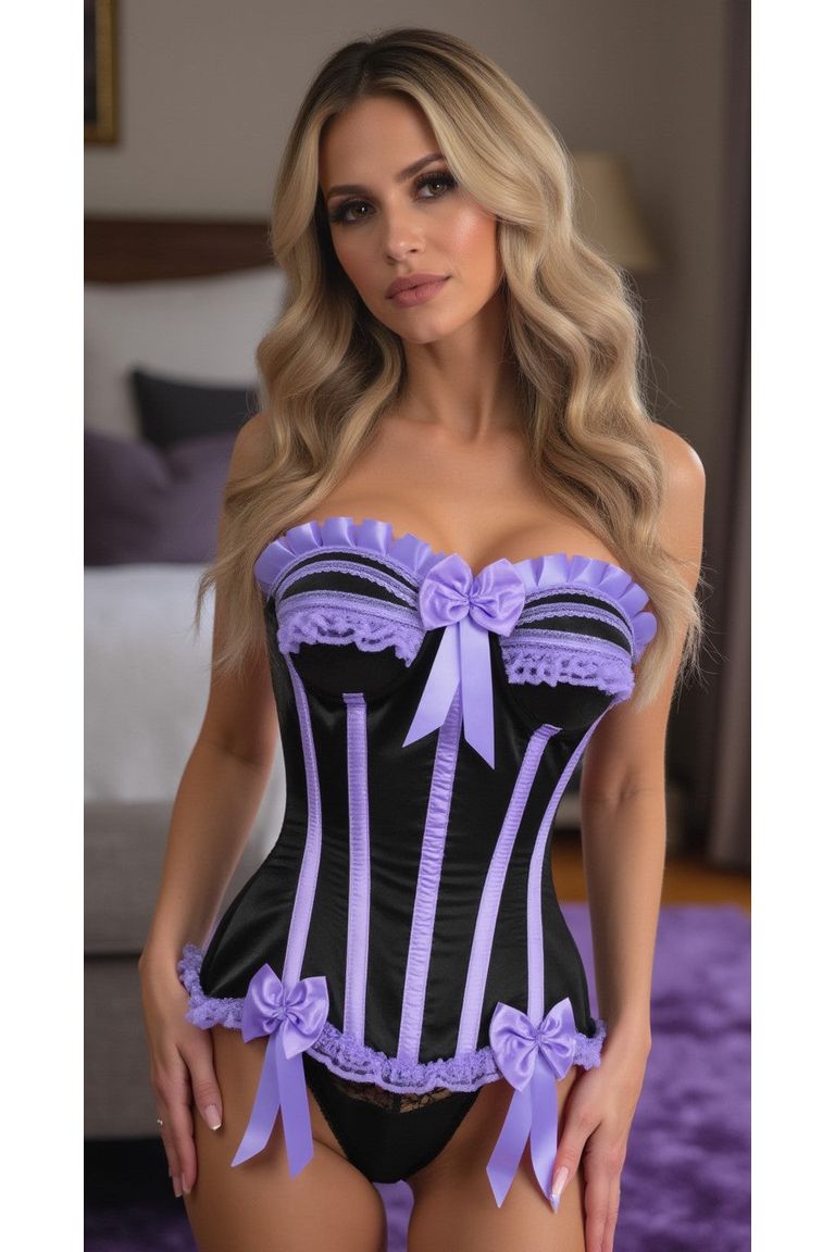 Top Drawer Black/Lavender Satin Steel Boned Burlesque Corset